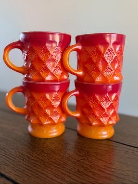 4 Vintage Anchor Hocking Fire King Kimberly Orange Ombré  Diamond Coffee Mugs